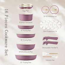 CAROTE 19pcs Pots And Pans Set, Nonstick Cookware Set Detachable Handle, Induction Kitchen Cookware Sets Non Stick With Removable Handle, RV Cookware Set, Gold And Purple - Light Purple 16pcs - View 2