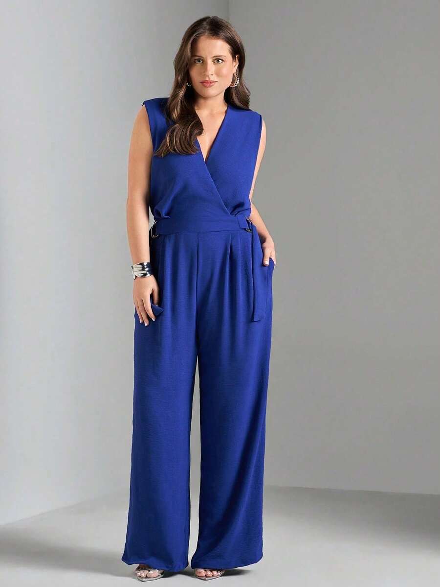 FASHION MIX PREMIUM Elegant Long Jumpsuit Tailored With Detail At The Waist And V-Neckline Plus Size Women's Fits 46 To 50 - 寶藍色 - 查看 1