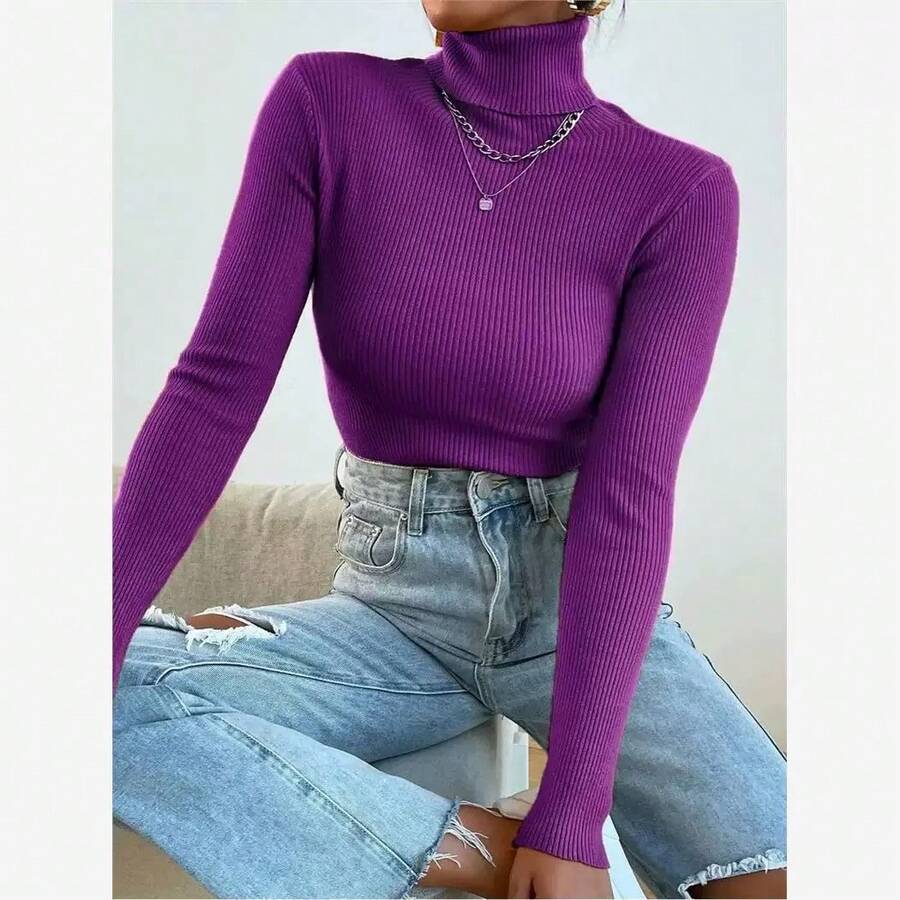 Women's Knitted Blouse High Neck Cacharrel Basic Wool Sweat Fashion Shipping!!! - 紫色 - 查看 1