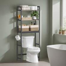 SONGMICS Over-The-Toilet Storage, 3-Tier Bathroom Organizer Over Toilet With Adjustable Shelves, Hooks, Bamboo, Freestanding Space Saver Bathroom Shelves, Heather Greige And Ink Black - 黑色 - 查看 2