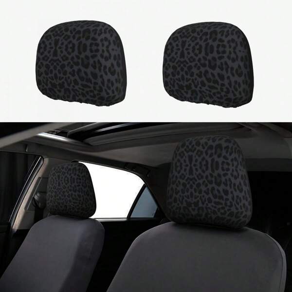 2 piezas Fundas para reposacabezas de coche con estampado de leopardo negro, ajuste universal