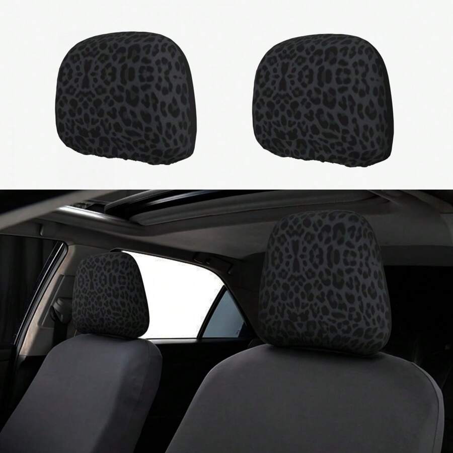 2pcs Black Leopard Print Car Headrest Covers, Universal Fit