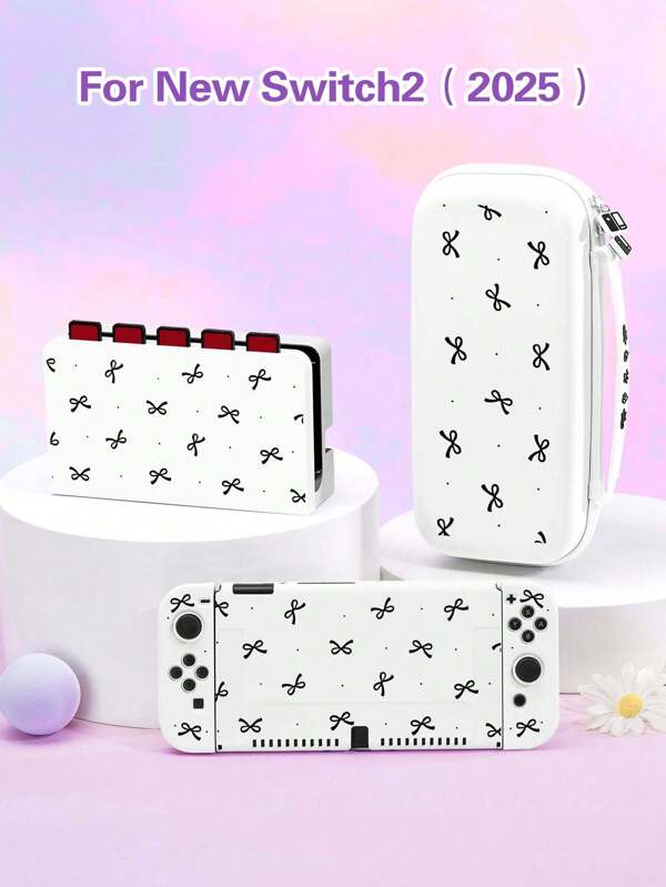 1pc Caparl Polka Dot & Bow Decor Pattern Protective Case, Compatible With New 2 (2025), Switch NS/Switch OLED/Lite, Accessory Compatible With Switch 2 Console, Full Set Package, Storage Case With Card Slot, Switch Protective Cover, Romantic Gift Compatible With Switch Players