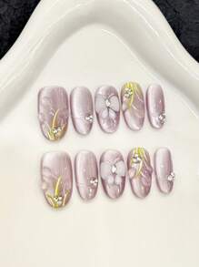 10pcs Purple Butterfly Summer Nail Art 3D Ice Flower Rhinestone Handmade Acrylic Press On Nails, Simple Cute Floral Decoration Short Oval Fake Nails, With Jelly Glue And Nail File, DIY Nail Art Supplies