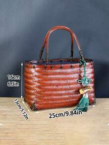 竹编中国红压岁钱信封钱包，复古风格竹制手提包，带流苏吊坠 - 紅色 - 查看 3