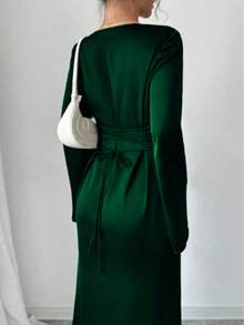 Women's Solid Color Flared Sleeve Elegant Arabic Style Dress Eid Spring - Dark Green - View 2