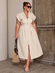 Plus Size Women's Autumn New Zipper Pocket Decor Long Dress, Fashionable Commuter, Office Outfits For Women, Teacher Outfits For Women