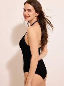 Costasola 1 件女式性感深 V 领系带纹理连体泳衣，夏季 - 黑色 - 查看 6