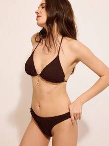 Costasola 2 peças/conjunto Mulheres Verão Praia Cor Sólida Halter Amarrar Maiô Bikini Sexy Maiô - Café - Visão 2