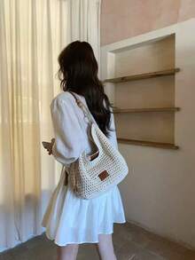 2022 Summer Beach Tote Bag, Women Large Capacity Woven Shoulder Crossbody Bag - Beige - View 6