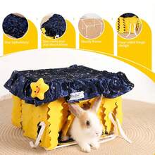 ITANDME 豚鼠躲藏窩 小動物床 透氣兔子床與兔子床 星星刺繡 可機洗 四面流蘇設計 適用於豚鼠、雪貂、龍尾鼠的室內棲息地 - 查看 3