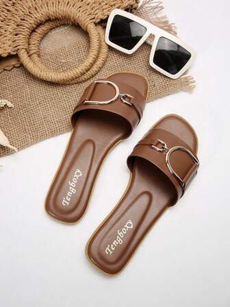 Women's Fashion Flat Sandals, Fashionable Buckle Decor Flat Sandals, Casual Summer Shoes