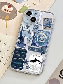 1pc Ocean Elements Whale, Jellyfish, Turtle Collage Design Transparent TPU Anti-Fingerprint Phone Case Compatible With IPhone 16 ProMax/16/16 Pro/16 Plus, 11, 15/15 Pro/15 ProMax, 12, 13/14 ProMax, XS/XR, 11 Pro/11 ProMax, 12 Pro/12 ProMax, 13 Pro/13 ProMax, 7 Plus, 14 Pro/14 ProMax/14 Plus, 7 Plus, 8 Plus, 8, SE2, 12 Mini, 13 Mini, Non-Yellowing Soft Shell