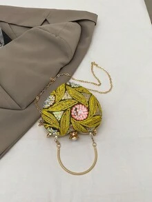 女士花卉亮片拼布心形包，别致金属配件手拿包，适合派对、宴会、婚礼、度假、斜挎单肩包（带链条）、化妆包 - 黃色 - 查看 9