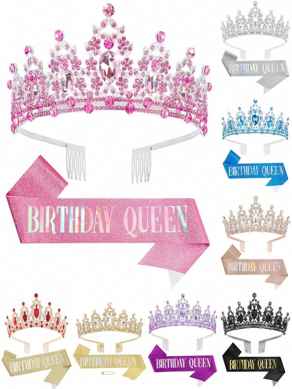 Conjunto de 2 piezas Diadema y Faja de cumpleaños con brillos para mujeres, decoración para fiesta, Coronas de reina de cumpleaños y Tiaras para mujeres, Navidad