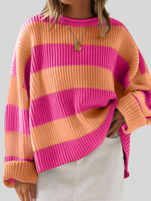 Damen Große Größen locker sitzender Strickpullover mit Langarm und Streifenmuster