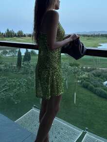 Women Solid Color Spaghetti Strap Sleeveless Dress Summer Sparkle Sequins Mini Party Dress For Vacation Cocktail Beach Streetwear - màu xanh lá - Xem 7