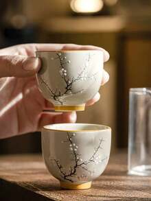 1件/2件/6件陶瓷茶杯，梅花图案红色陶瓷茶杯，功夫茶杯，适合家庭和聚会的茶具，返校 - 彩色 - 查看 5