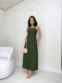 Long Dress Simple Elegant Casual Button Split Side Slit Women Wedding - 軍綠色 - 查看 1