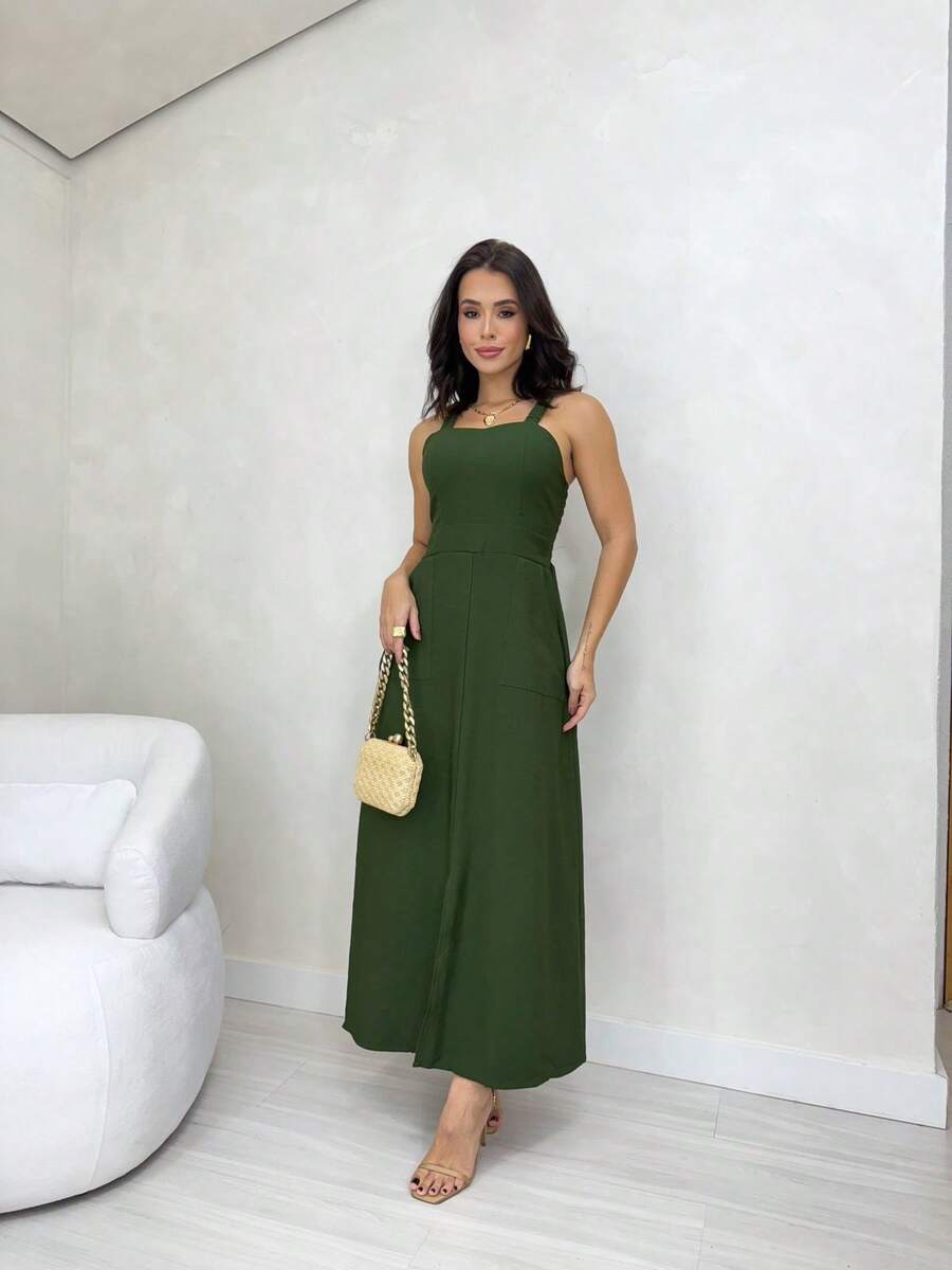 Long Dress Simple Elegant Casual Button Split Side Slit Women Wedding - 軍綠色 - 查看 1