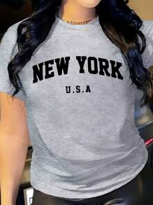 字母印花圆领T恤，休闲宽松短袖夏季T恤上衣，女款 - 淺灰色 - 查看 3