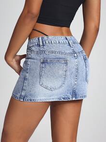 Jeanoix Falda mini de mezclilla lavada de cintura baja sexy para mujeres