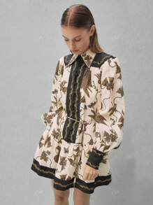 Women's Spring And Summer Short Dress Bohemian Printed Casual Cardigan Long Sleeve Printed Lapel Dress