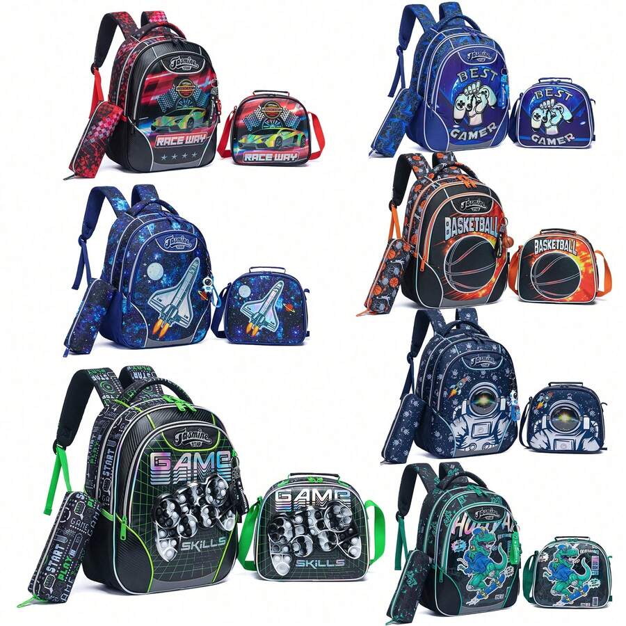 Mochilas fofas para meninos, mochilas escolares para meninos de 8 a 10 anos com lancheira, conjunto de mochilas infantis, mochila de viagem para pré-escola, jardim de infância, alunos do ensino fundamental, mochila para material escolar - Mochila escolar masculina 176 - Ver 1