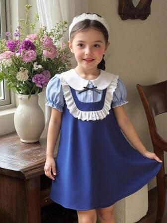 年轻女孩时尚休闲百搭条纹拼接荷叶边泡泡袖连衣裙