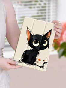 A Cute And Minimalist Clear Drop Back Case With Pen Slots, A Tri-Fold Stand Case With A Black Cat Pattern With Big Eyes, Support For Sleep-Wake Function, Compatible With IPad And Galaxy Tab