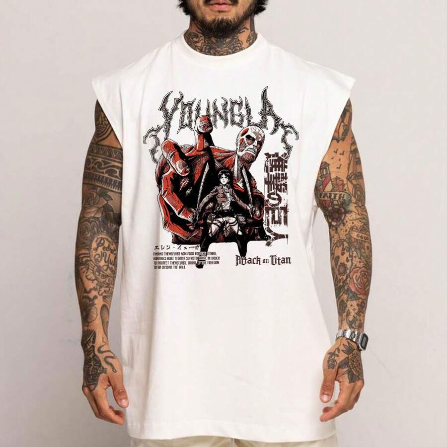 Anime Manga Eren Yeager Youngla Cotton Oversized Long Tank Top - trắng - Xem 1