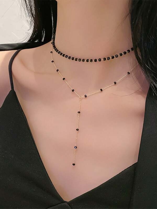 1pc Ins-Style Luxury Black Crystal Chain Necklace, Sexy Women's Double-Layer Long Beaded Pendant Necklace With Tassel, Minimalist Necklace