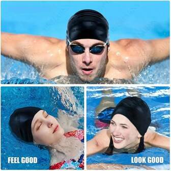 1pc Silicone Swimming Caps With Ear Protection, Waterproof, Comfortable And Anti-Slip Long Hair Swimming Caps - Blue, Red And Black