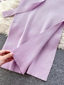 夏季新款女装女神优雅V领修身收腰针织连衣裙配腰带，吊带裙 - 紫丁香色 - 查看 7