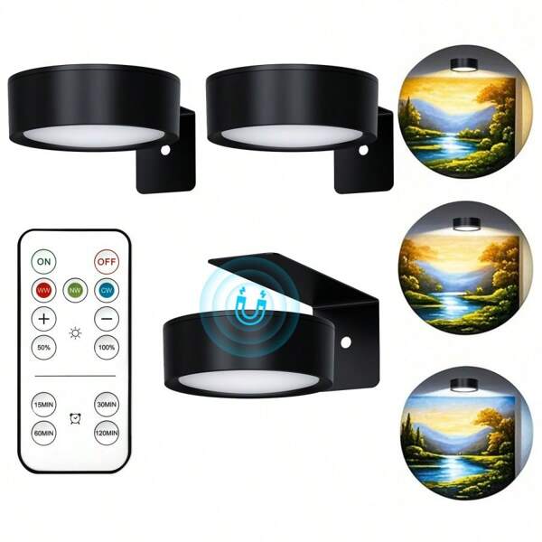 3pcs Battery Powered LED Wall Lights With Remote Control, Touch Control, Adjustable Color Temperature And Timer, Wireless Wall Lamp Art Lighting, Suitable For Gallery, Stairs, Corridor, Bedroom Frame Decoration (Batteries Not Included)