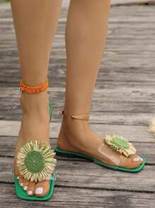 Sandali casual versatili adatti a qualsiasi occasione - carini, rinfrescanti, eleganti, ideali per feste. Ciabatte aperte sulla punta per l'uso estivo all'aperto, nuovi sandali romani intrecciati per primavera/estate, scarpe da donna di stile francese alla moda da abbinare ad abiti per spiaggia, appartamento, scarpe eleganti piatte verdi, sandali bohémien comodi da camminare, scarpe da donna scivolate con decorazione a girasole
