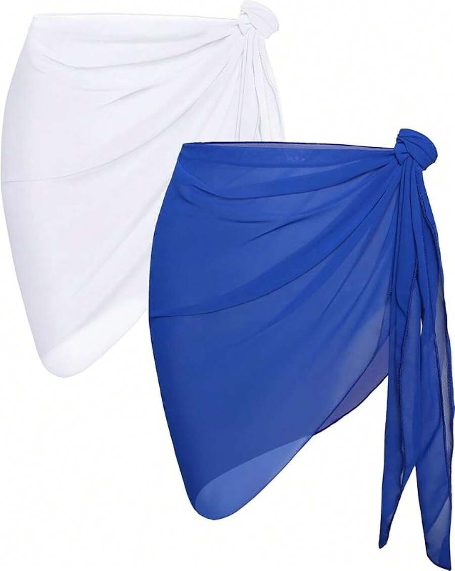 CHICGAL 2 Pieces Women Beach Sarong Bathing Suit Wrap Skirt Sheer Bikini Swimsuit Cover Ups Swimwear - 白色和藍色 - 查看 1