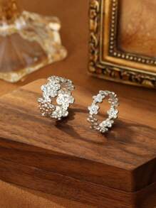 2pcs Stainless Steel Silver Fashionable Casual Circle Small Flower Opening Adjustable Women's Ring Set, Suitable For Daily Wear, Parties, Festivals, Beach Vacations, Gifts Or Collections