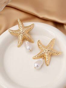 1 par de brincos de estrela do mar e pérola para mulheres, adequados para uso diário