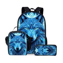 Wolf Pattern Printed Backpack Three Pieces Set (Single-Layer Backpack + Shoulder Strap Lunch Bag + Single-Layer Pencil Bag) Bag For School College - Black - View 11