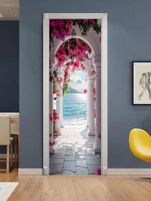1 件现代可移除墙画门贴纸 - 白色柱廊配粉色花朵，卧室墙贴的抽象艺术海报，宁静的海岸景观设计，易于安装的纸质装饰，适用于家居装饰贴纸，个性化贴纸