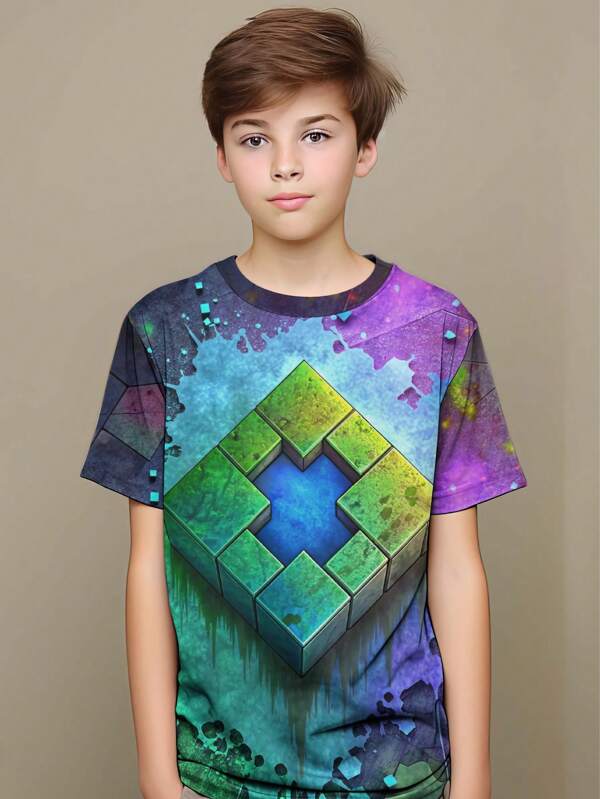 Casual & Fashionable Cartoon Graphic Round Neck Short Sleeve T-Shirt, Kids Outdoor Apparel Best Seller, All Season