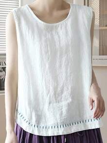 Women's Tank Tops Summer Causal Versatile Solid Color Plus Size Loose Sleeveless Linen Shirt - White - View 3