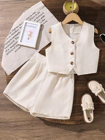 Left Mama 青少年女孩休闲纯色背心和短裤套装，夏季