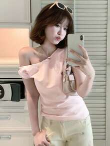 Áo thun vai bất đối xứng, áo crop top thời trang và thon gọn vai bất đối xứng, hàng mới về mùa hè - Hồng - Xem 3