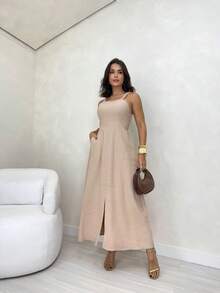 Long Dress Simple Elegant Casual Button Split Side Slit Women Wedding - 米色 - 查看 2