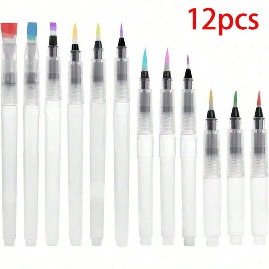 12pcs Water-Soluble Solid Watercolor Painting Brush Pens, Large Capacity Water Storage Brush, Suitable For Beginners, Easy To Use And Refill For Drawing,Back To School,School Supplies