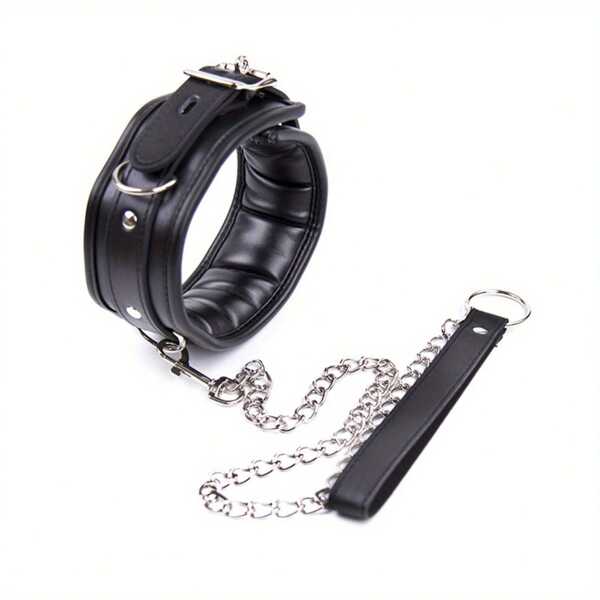 Sponge Neck Collar With Chain Leash Leather Sex Toy Lockable Couple Items SM Product