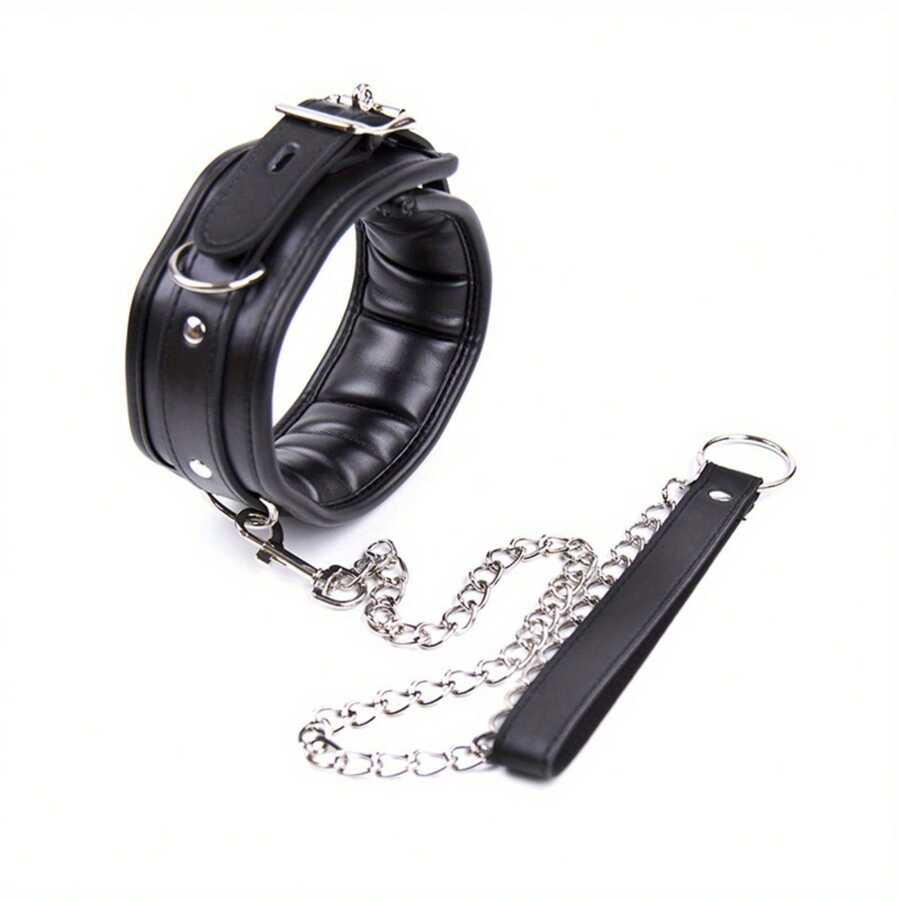 Sponge Neck Collar With Chain Leash Leather Sex Toy Lockable Couple Items SM Product