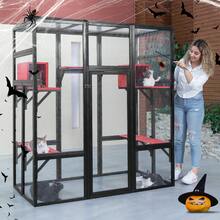 Catio de madera espacioso de 70 pulgadas para gatos al aire libre con perchas y condominios, jaula para gatos interior con techo impermeable, 7 plataformas y 2 cajas de descanso, resistente a rayos UV (gris/naranja/gótico) - Multicolor - Ver 11